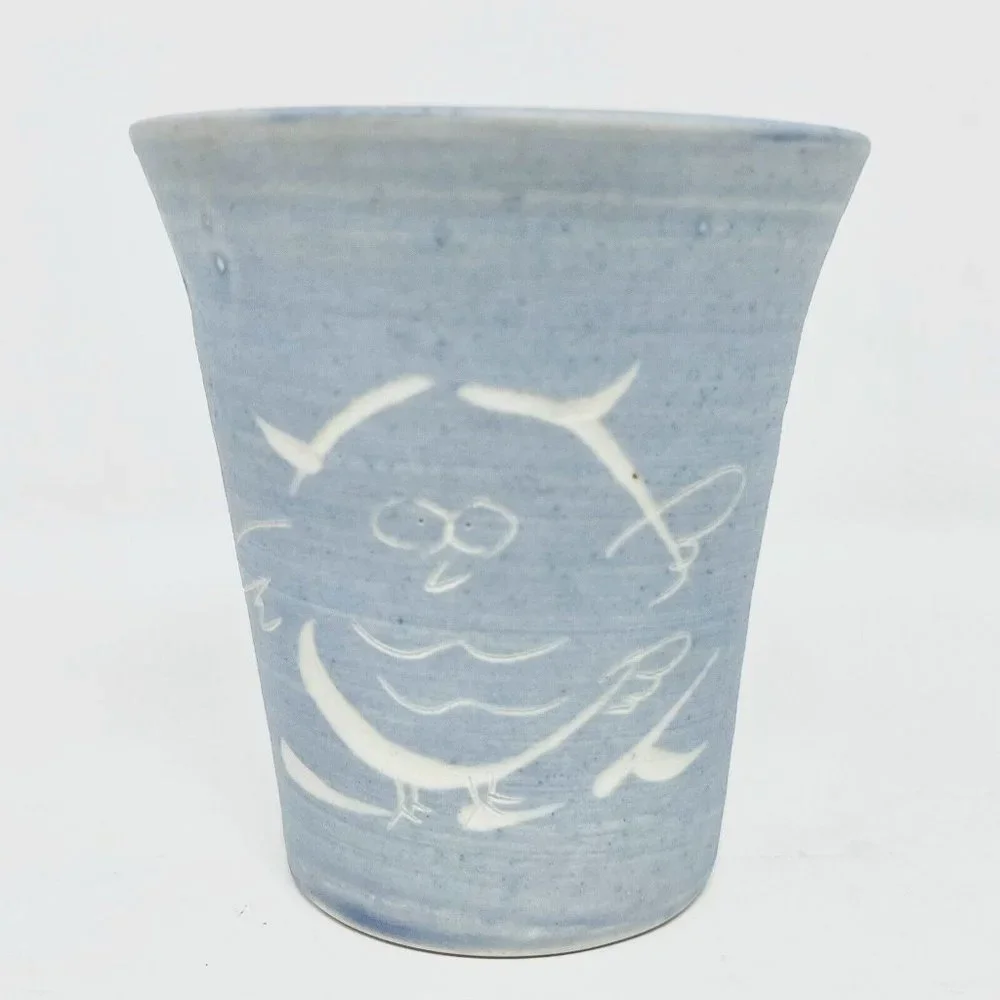 Owl Hand Thrown Pottery Cup Incised Design Blue Wash with Crackle Interior Matte